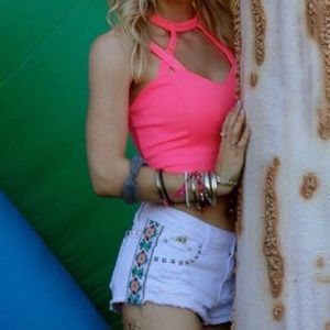 Neon pink strappy halter with sweetheart neckline